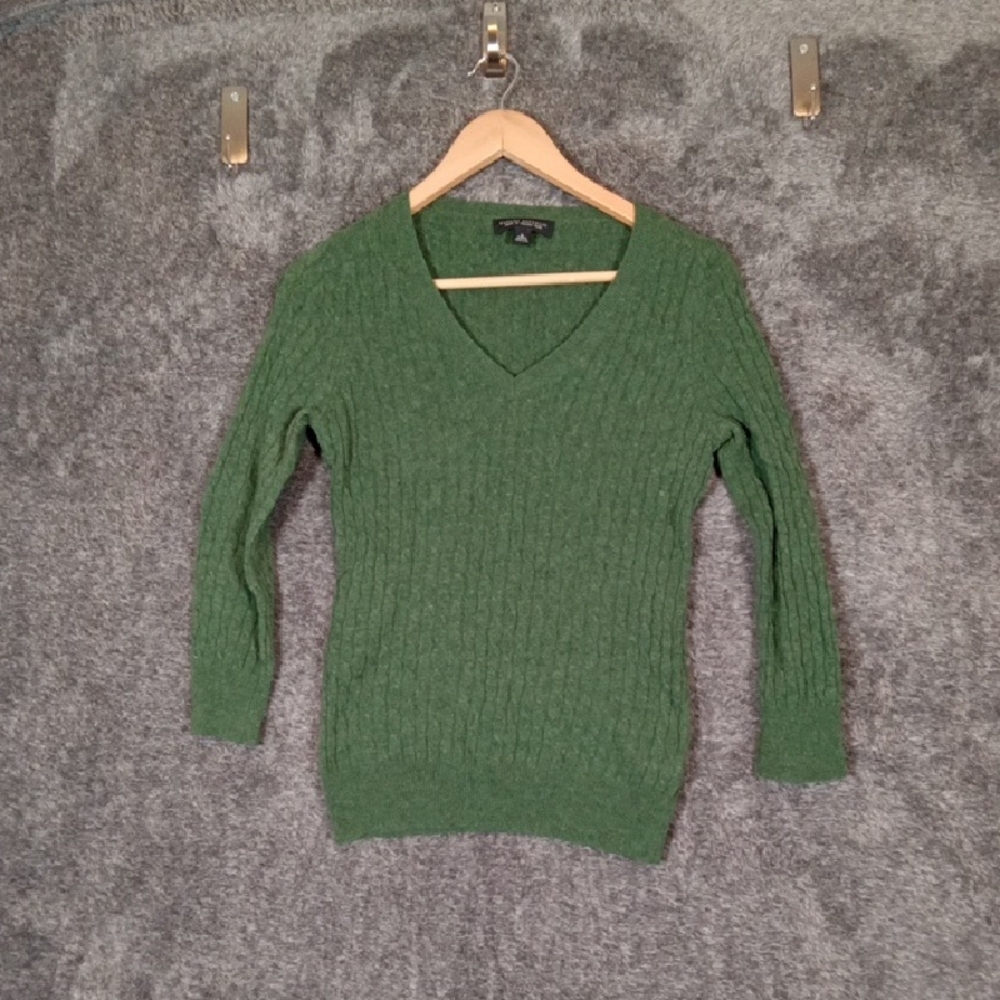 Banana Republic Forest Green V-Neck Sweater Cable Knit Italian Yarn Sz Small